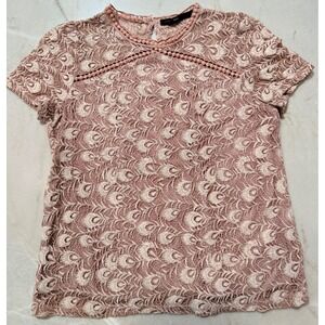 Hazel Dusty Rose Lace Peacock Feather Top Pom Pom Trim Short Sleeve Small #107